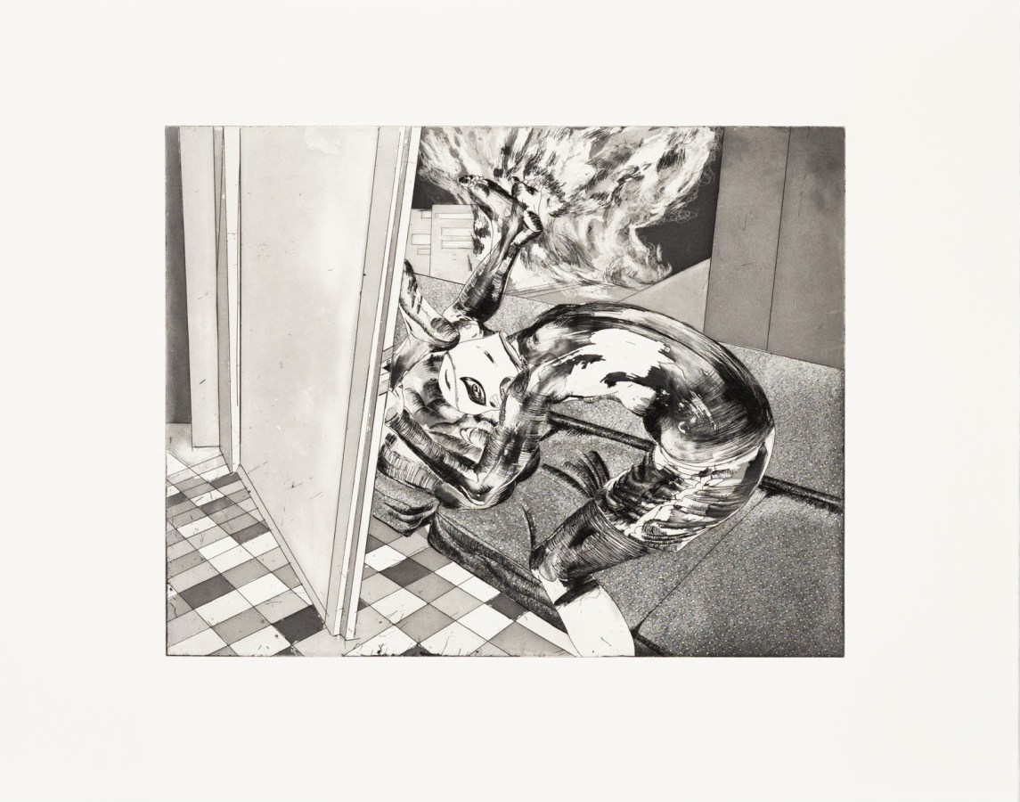 Black and white etching depicting two figures engaging in a sexual act while a fire rages on outside