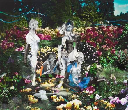 A brightly colored collage depicting a group of figures in a lush floral garden