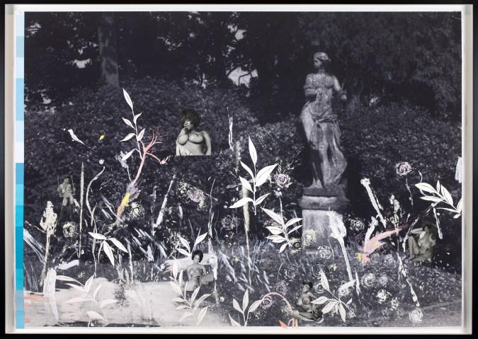Black and white collage of a garden with nude women's torsos interspersed
