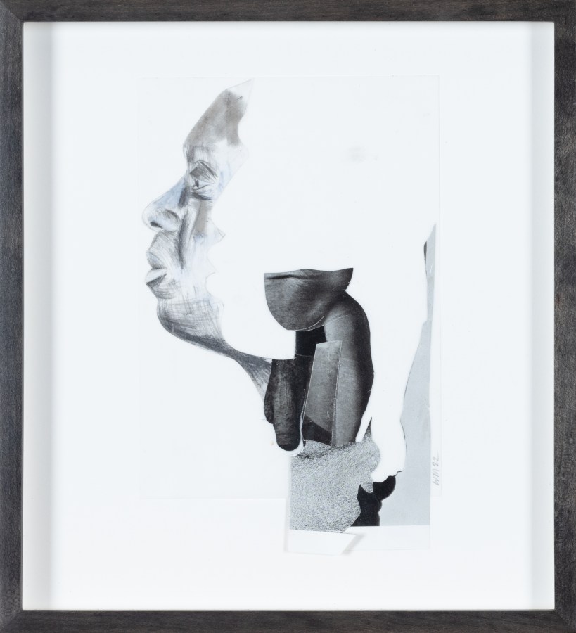 Color image of framed mixed media collage depicting two silhouettes and an arm on white background