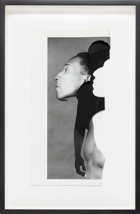 Color image of a black and white collage with three silhouetted figures framed in black