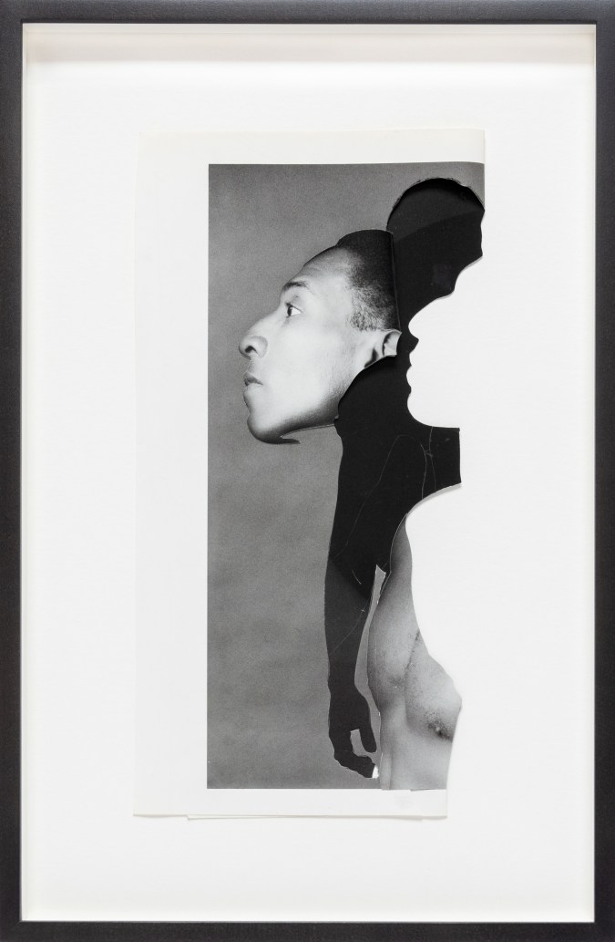 Color image of a black and white collage with three silhouetted figures framed in black