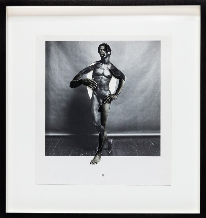 Color image of a black and white collage depicting a nude male figure with abstracted features framed in black