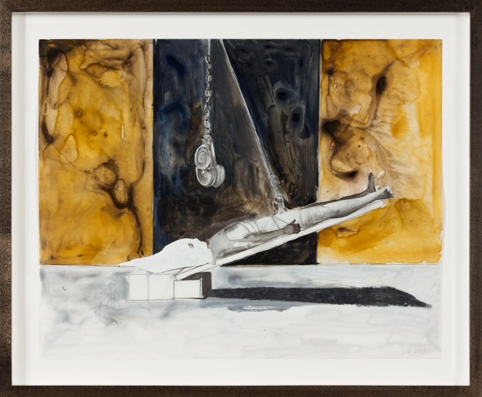 Color image of a mixed media collage depicting a nude figure with a white hood strapped by the genitals on a wooden device