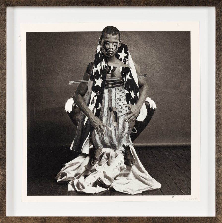 A black and white collage with a figure in the center draped in an American flag