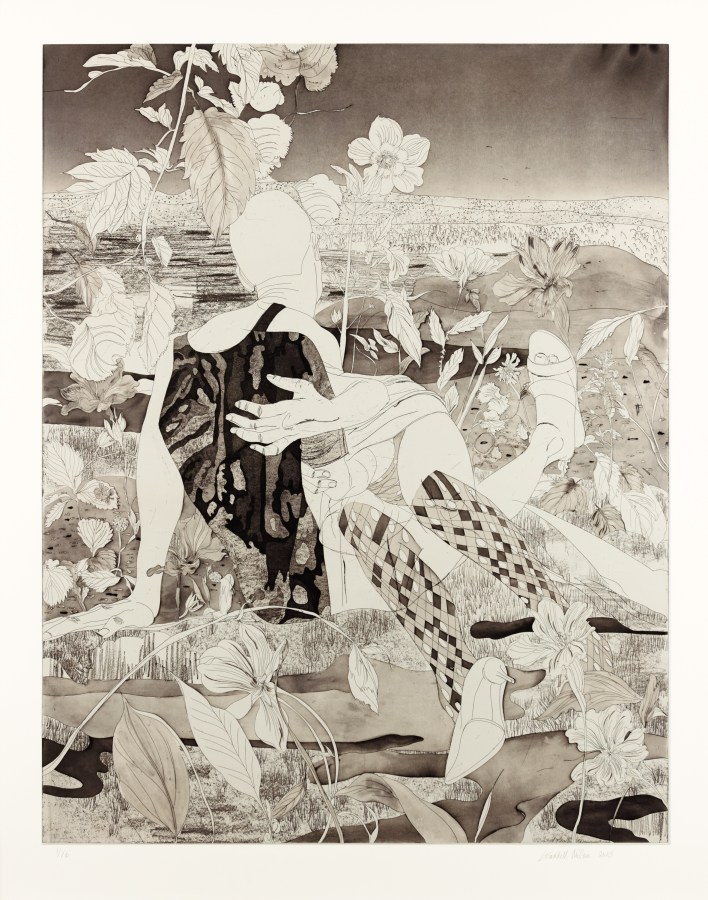 Color image of a warm toned etching depicting two figures embracing in a natural landscape