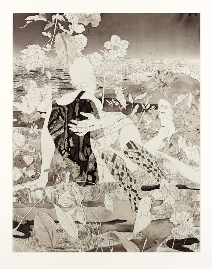 Color image of a warm toned etching depicting two figures embracing in a natural landscape