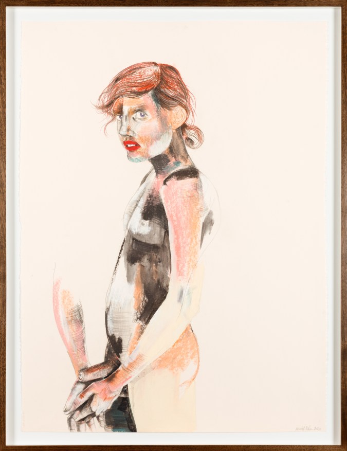 Color image of a mixed media artwork depicting a nude figure gazing at the viewer while holding a disembodied hand