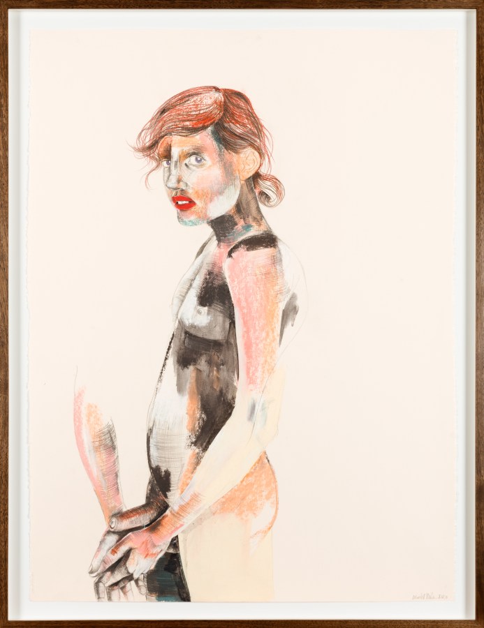 Color image of a mixed media artwork depicting a nude figure gazing at the viewer while holding a disembodied hand