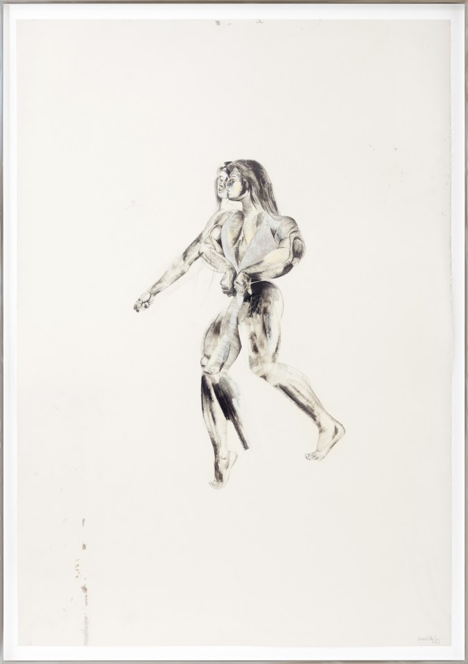 Color image of a mixed media artwork depicting a female bodybuilder flexing