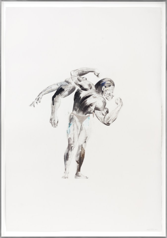 Color image of a mixed media artwork depicting a female bodybuilder flexing