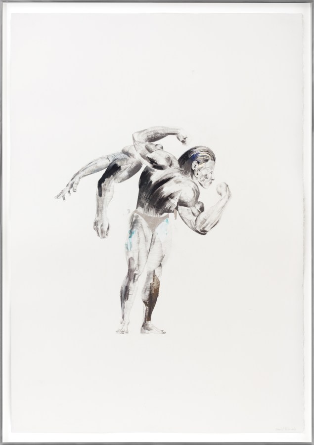 Color image of a mixed media artwork depicting a female bodybuilder flexing