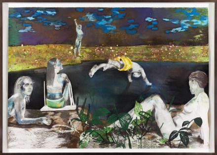 A mixed-media depiction of five figures gathered around a small body of water. Nude and in bathing suits, they lounge, stretch, or dive