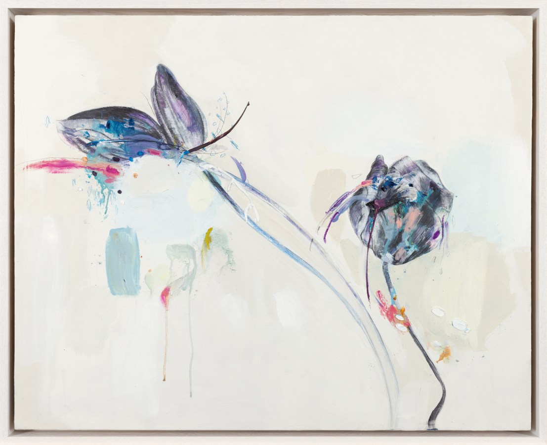 Color image of a painting depicting an abstracted rendering of three purple tulips