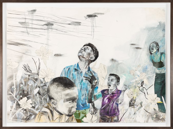 Color image of a mixed media artwork depicting four figures looking upwards amongst flowers and foliage framed in ebony