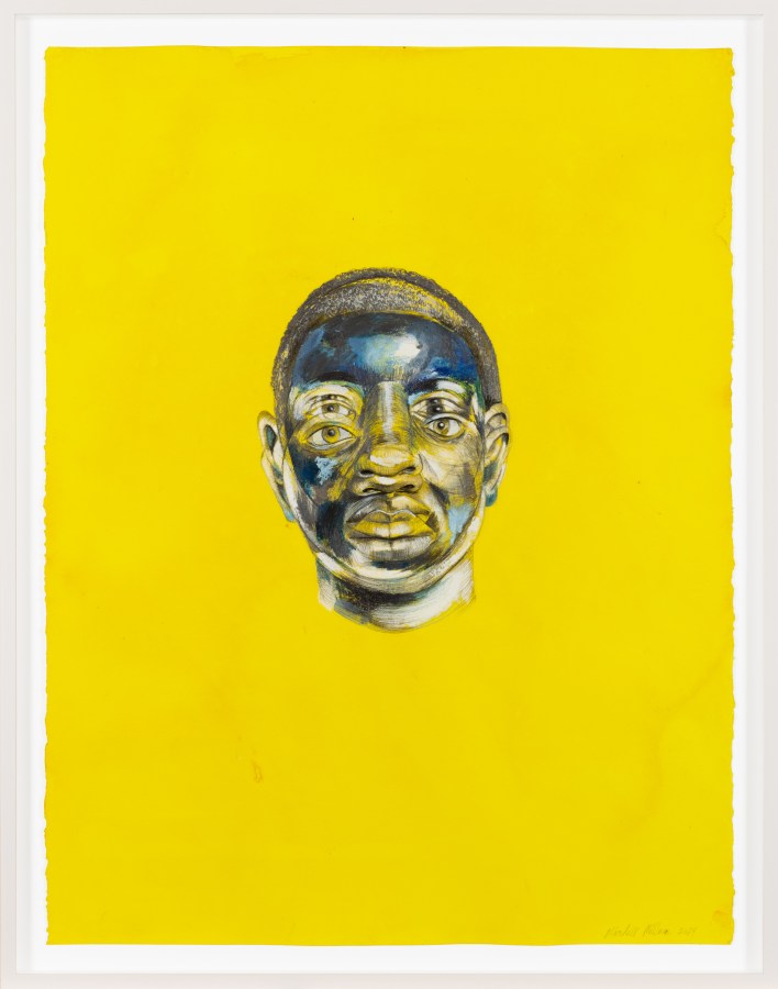 Color image of mixed media work depicting the head of a figure on a yellow plane