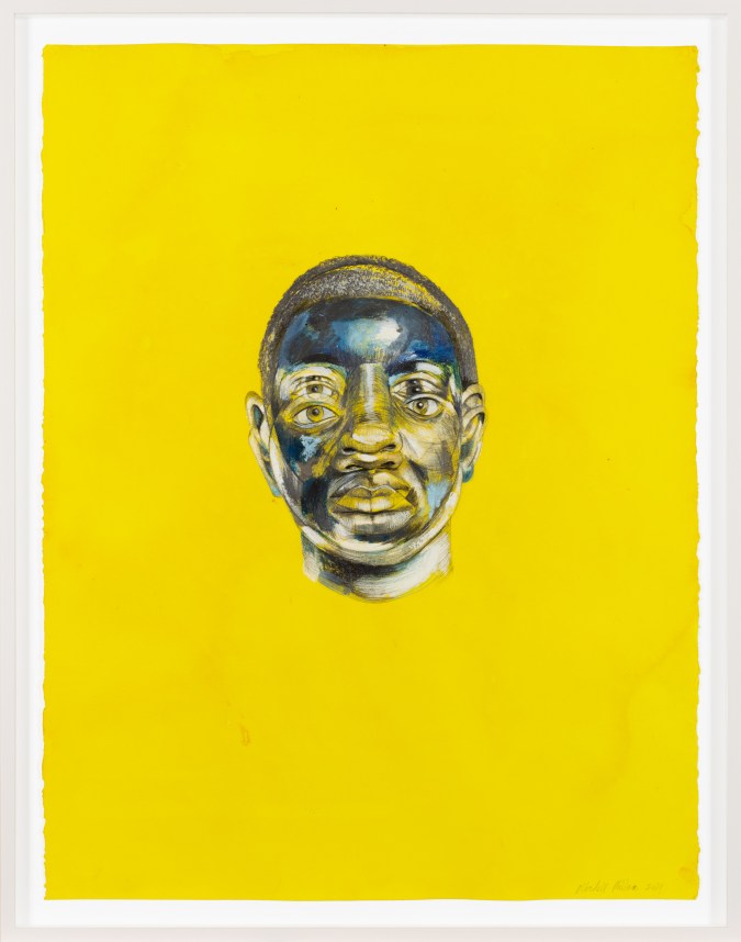 Color image of mixed media work depicting the head of a figure on a yellow plane