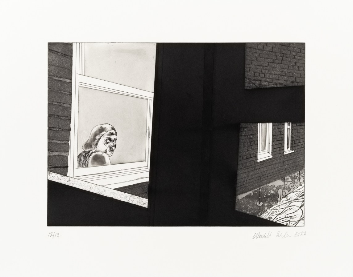 Black and white etching of a figure looking at the viewer through windows