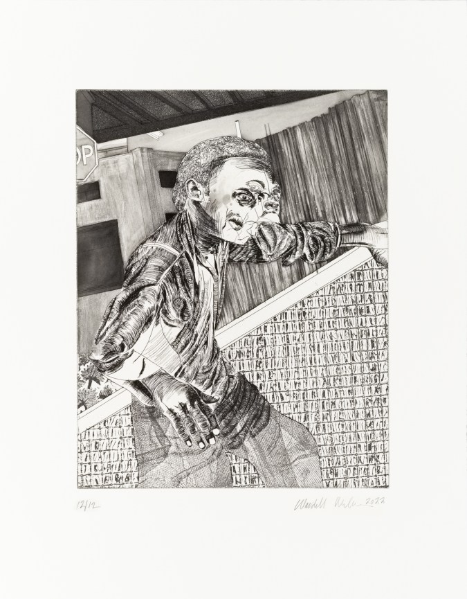 Black and white etching of a figure with multiple facial features leaning against a hand rail