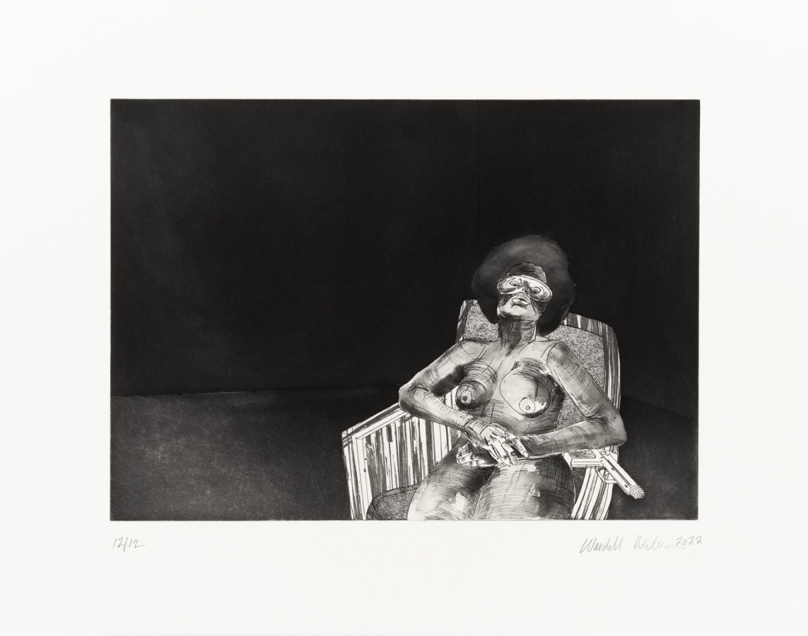 Black and white photograph of a nude figure lounging in a chair with an eye mask and gun at their side