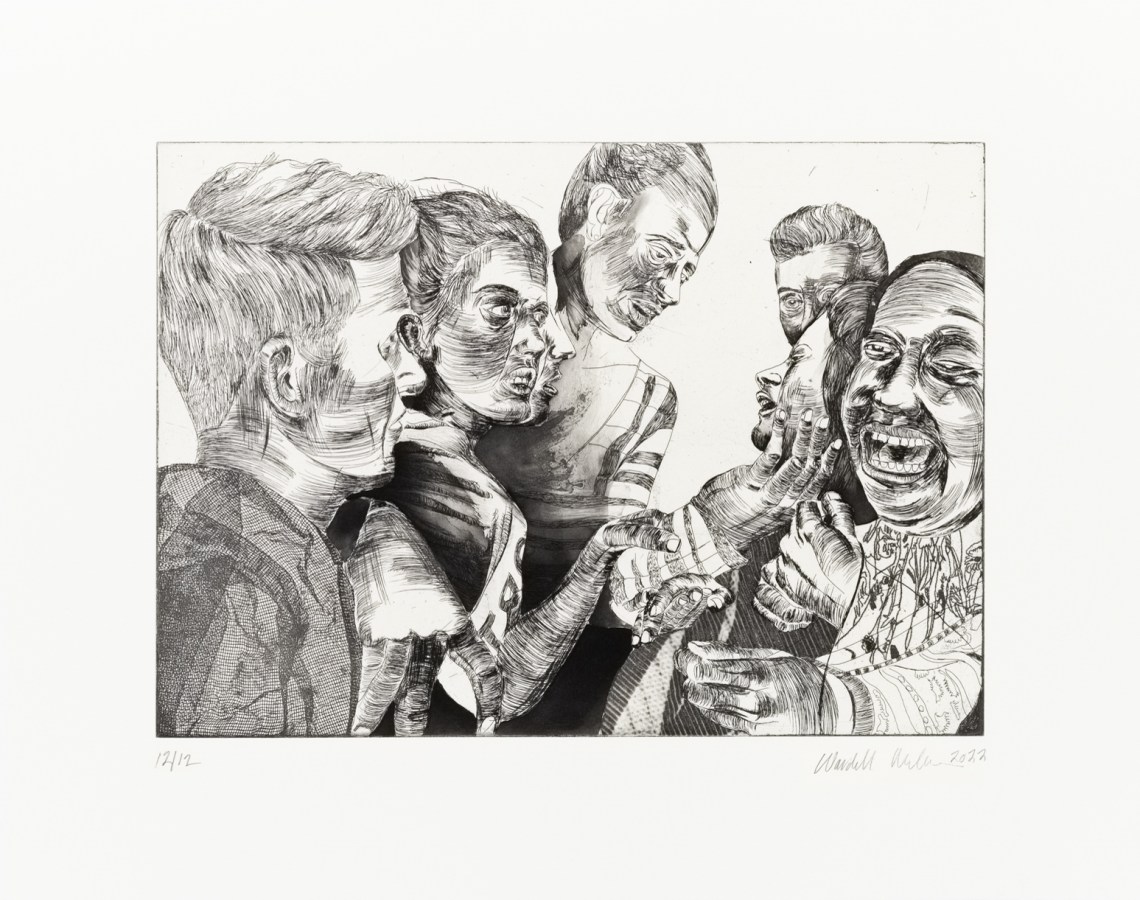 Black and white etching of several figures in a verbal and physical altercation