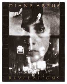 Color image of an artists monograph depicting a black and white photograph of a woman overlayed between two other images