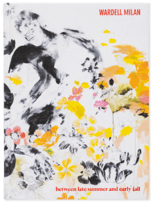 Color image of a book cover with a figure in the corner and several flowers with paint swatches of yellow and orange
